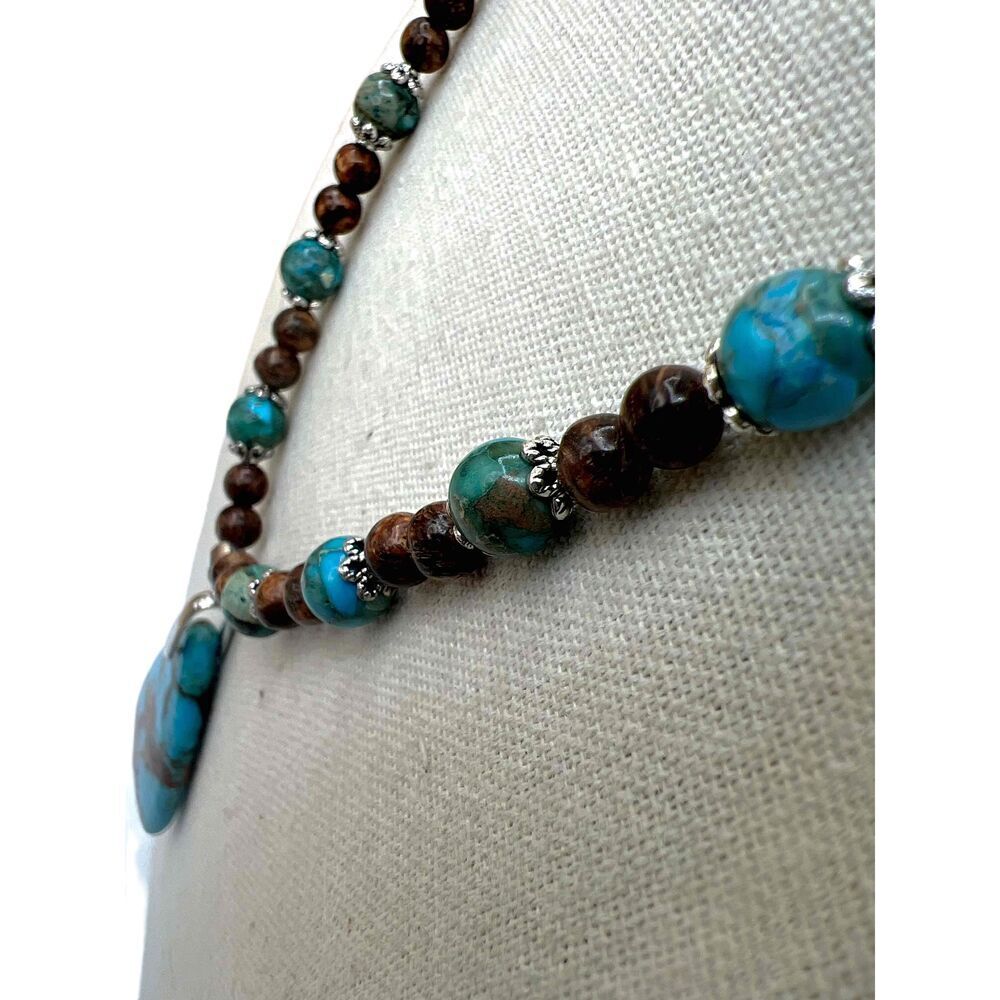 NEW Handmade Brown And Bluegreen Beaded Faux Turquoise Necklace - Picture 5 of 12